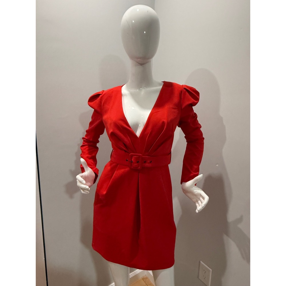 Bardot Red Deep V Neck Puff Sleeve Belted Mini Dress Women's US 6/S NWT - Picture 7 of 12